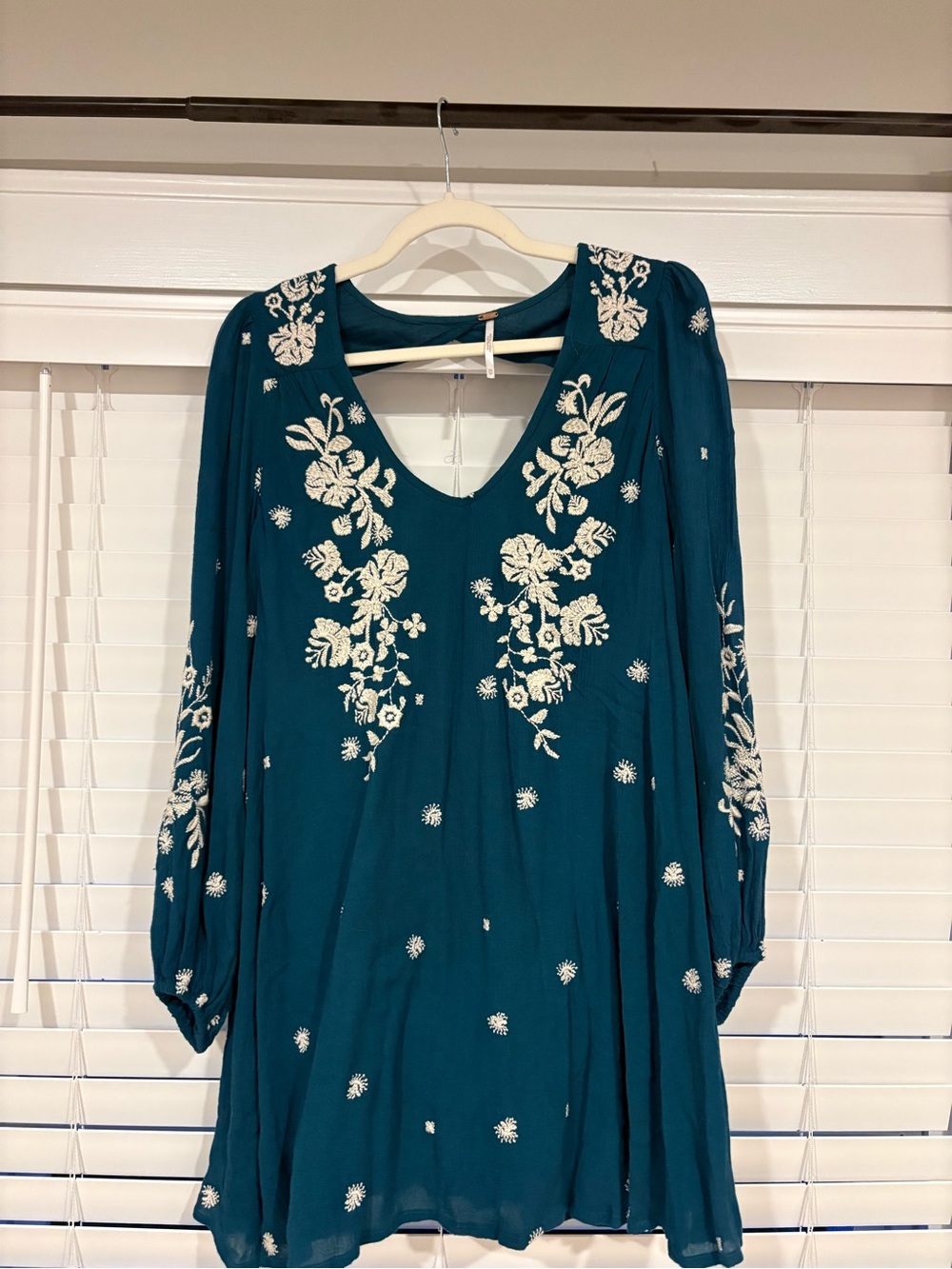 Free People Teal Embroidered Long-Sleeve Mini Dress